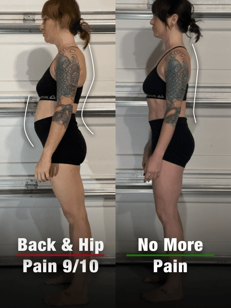 Kayla, 36: posture before and after the program