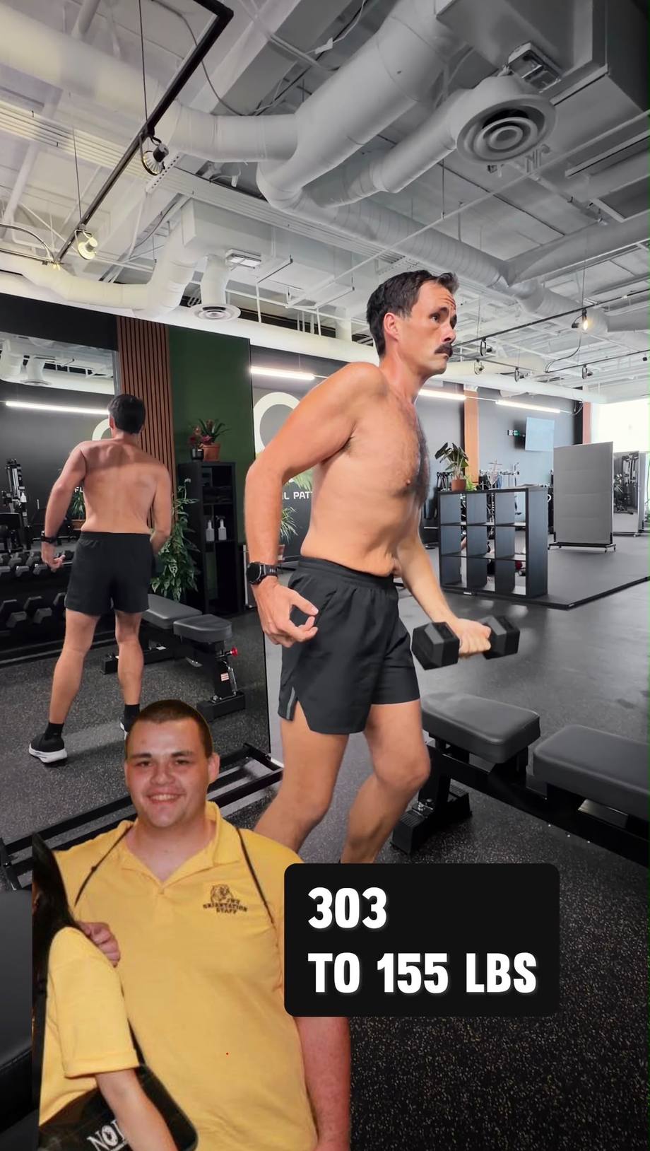 Before and after: a man at 303 lbs, and the same man at 155 lbs training with a dumbbell in a Functional Patterns gym